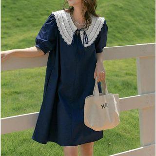 Puff-sleeve Lace Peter Pan Collar Color Panel Dress