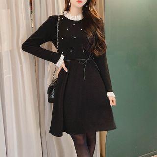 Contrast-edge Faux-pearl Flare Dress