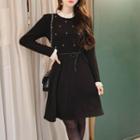 Contrast-edge Faux-pearl Flare Dress