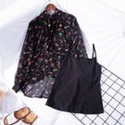 Set: Long-sleeve Floral Blouse +camisole Black - S