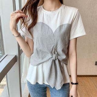 Short Sleeve Striped Panel Knotted T-shirt