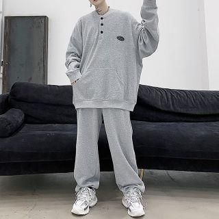 Set: Half-button Oversize Sweatshirt + Wide-leg Straight-cut Pants