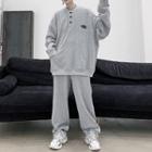 Set: Half-button Oversize Sweatshirt + Wide-leg Straight-cut Pants