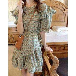Short-sleeve Ruffle Floral Print Dress As Figure - One Size