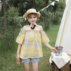 Elbow-sleeve Off Shoulder Plaid Top
