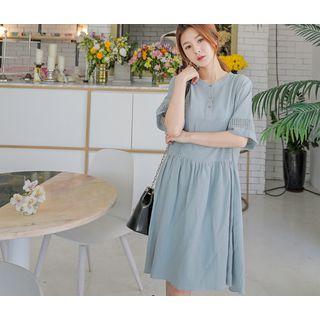 Short-sleeve Half-placket Lace-trim A-line Dress