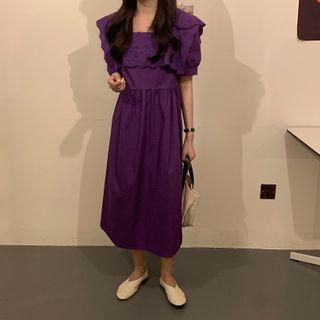 Puff-sleeve Eyelet Lace Trim A-line Midi Dress Purple - One Size