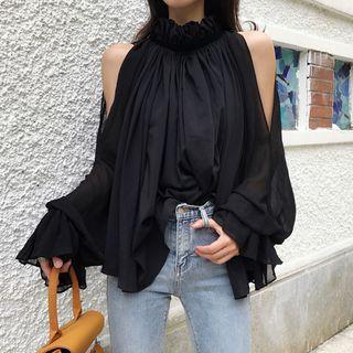 Cold-shoulder Chiffon Blouse Black - One Size