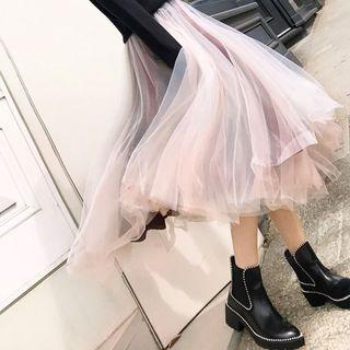 Set: Plain Sweater + Sheer Panel Midi Skirt