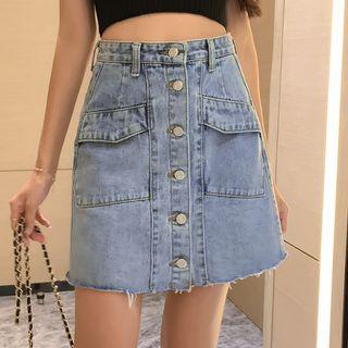 Buttoned Frayed Hem A-line Mini Denim Skirt