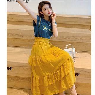 Set: Lettering Cap-sleeve T-shirt + Midi Suspender Skirt