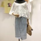 Set: V-neck Cutout 3/4-sleeve Top + High Waist Denim Skirt