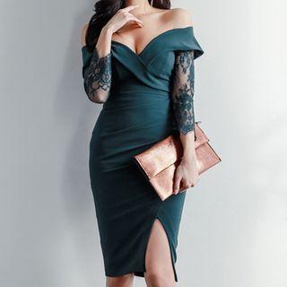 3/4-sleeve Off-shoulder Lace Sheath Dress