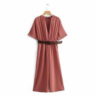 Short-sleeve V-neck Wide-leg Jumpsuit With Belt