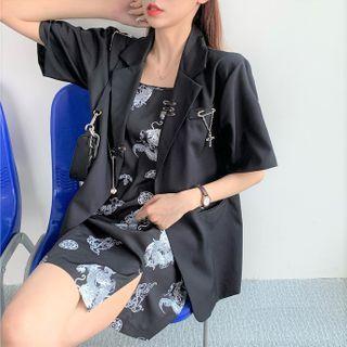 Elbow-sleeve Floral Print Mini A-line Dress / Elbow-sleeve Blazer