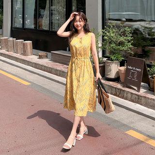Sleeveless Floral Print Dress Yellow - One Size
