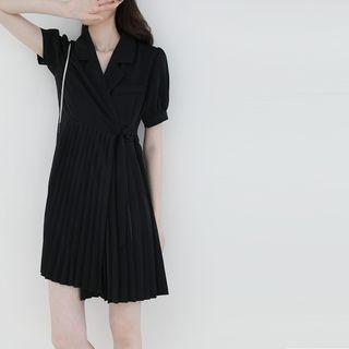 Collared Short-sleeve Tie-waist A-line Pleated Dress