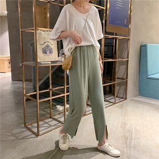 Elbow-sleeve Plain Crew-neck Loose-fit T-shirt/plain High-waist Loose-fit Pants