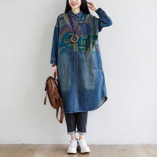 Long-sleeve Printed Denim Shirt Blue - One Size