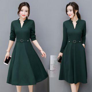 Plain Long Sleeve V-neck Midi Dress