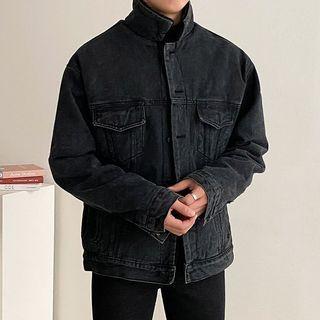 Fleece-collar Boxy Denim Jacket