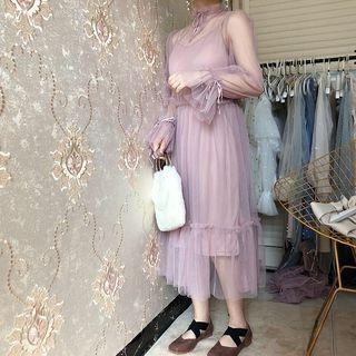 Bell-sleeve Mesh Overlay Midi A-line Dress