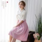 Elbow-sleeve Midi Skirt Hanbok Set (star / Pink)