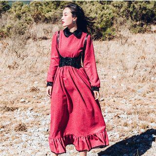Long-sleeve Midi Plaid A-line Dress / Belt / Set