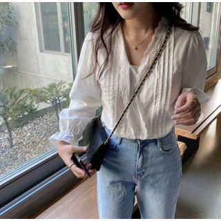 Lantern-sleeve Plain Eyelet Lace Blouse