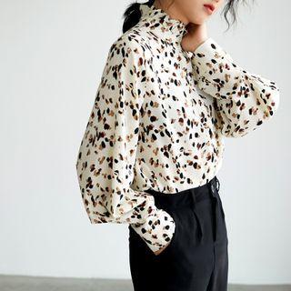 Lantern-sleeve Print Loose-fit Blouse