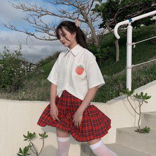 Elbow-sleeve Fruit Print Shirt / Pleated Plaid Skirt