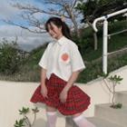 Elbow-sleeve Fruit Print Shirt / Pleated Plaid Skirt