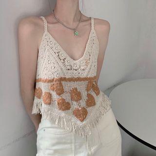 Heart Embroidered Tassel Trim Knit Camisole Top Almond - One Size