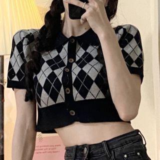 Short-sleeve Argyle Knit Crop Top