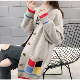 V-neck Color Block Ribbed Cardigan