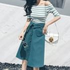Set: Elbow-sleeve Striped T-shirt + A-line Skirt