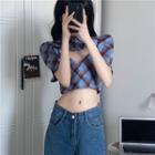 Set: Plaid Cropped Camisole Top + Short-sleeve Collar Crop Top