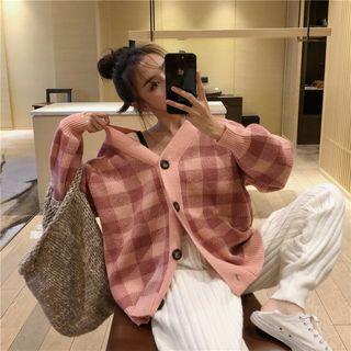 Plaid Loose-fit Cardigan As Figure - One Size