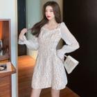 Puff-sleeve Floral Print Panel Drawstring A-line Dress