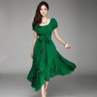 Short-sleeve A-line Midi Chiffon Dress