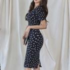 Dotted Short-sleeve Square-neck Bodycon Dress