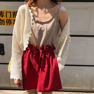 Camisole Top / Drawstring Waist Shorts / Open Knit Cardigan