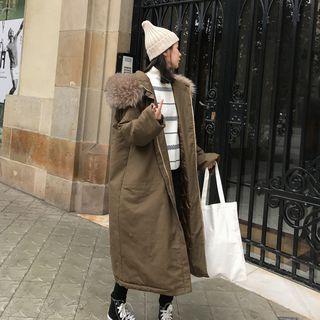 Long Furry-trim Zip Hooded Parka