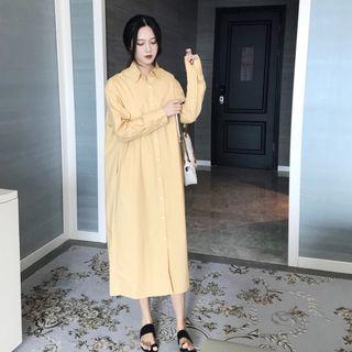Plain Long-sleeve Loose-fit Shirtdress
