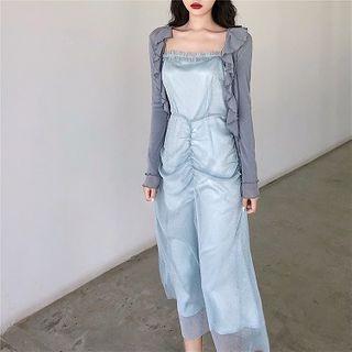 Glittered Sleeveless Dress / Ruffle Light Cardigan