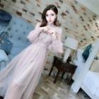 Set: Puff-sleeve Lace Trim Maxi A-line Mesh Dress + Slipdress