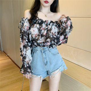 Floral Ruffle Trim Off-shoulder Long-sleeve Blouse