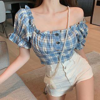 Puff-sleeve Plaid Crop Top / Denim Hot Pants