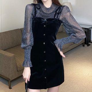 Set: Long-sleeve Top + Strappy Velvet Dress