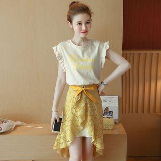 Set: Lettering Tank Dress + Lace Wrap Flared Skirt